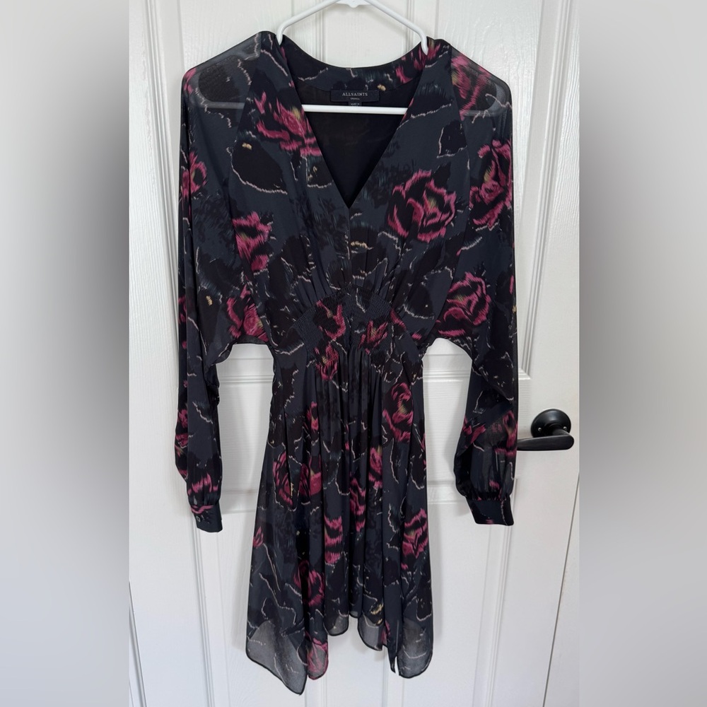 All Saints Black and Pink Floral Long Sleeve Dress